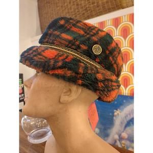 Vintage Orange Green Black Tartan Plaid Faux Fur Fedora Hat Size L 1960s 1970s